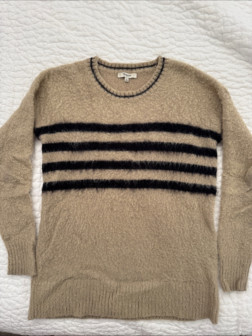 BACK TO SCHOOL- Madewell Tan Crewneck Sweater with Black Stripes